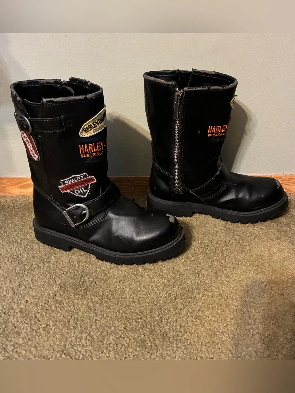 Harley-Davidson Black Motorcycle Riding Boots Youth Size 2 Logo Biker Accents